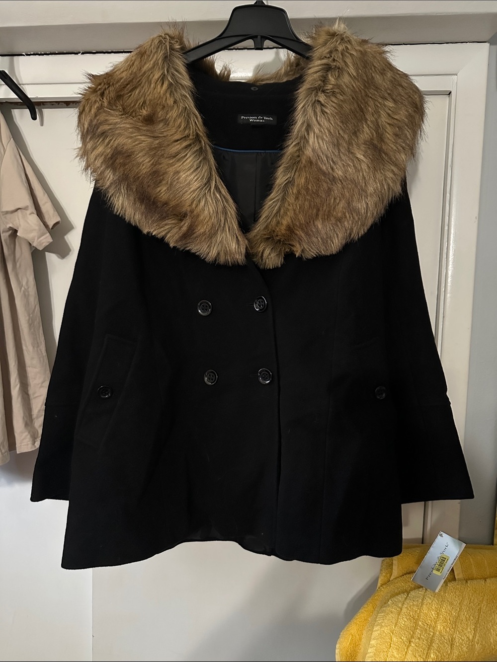 Preston & York Black Pea Coat with Faux Fur Collar